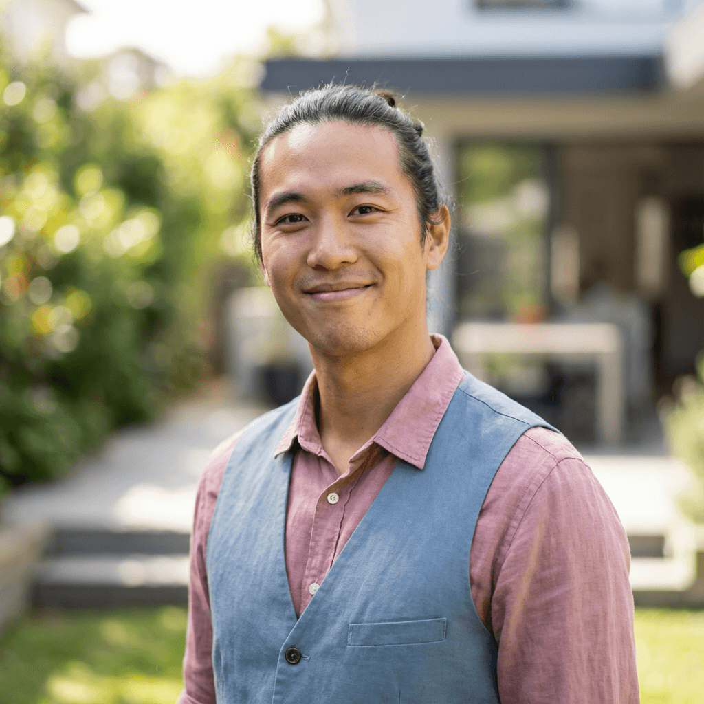 Thoughtful young Asian man in a modern apartment