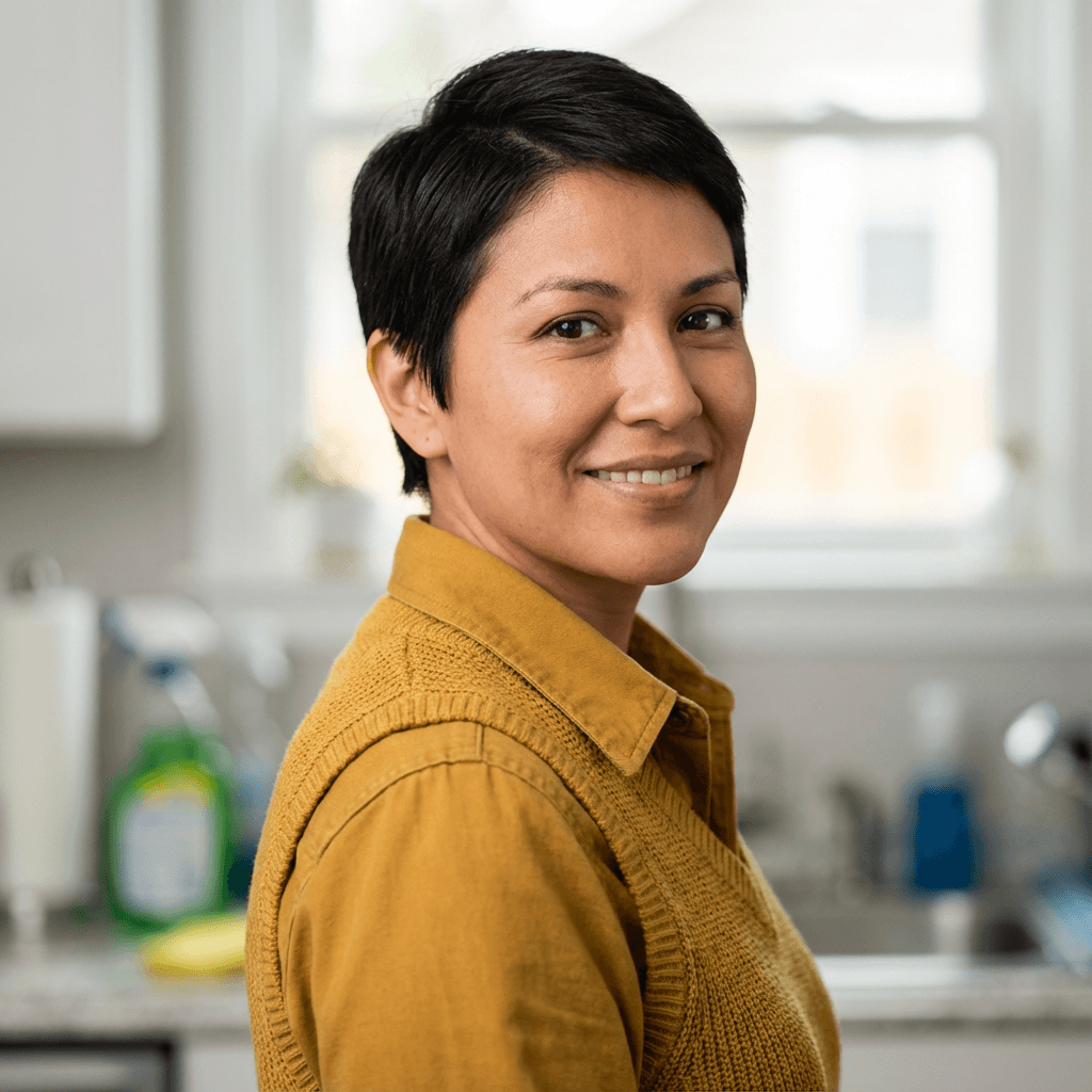 Mother of a young child, warm smile, casual setting