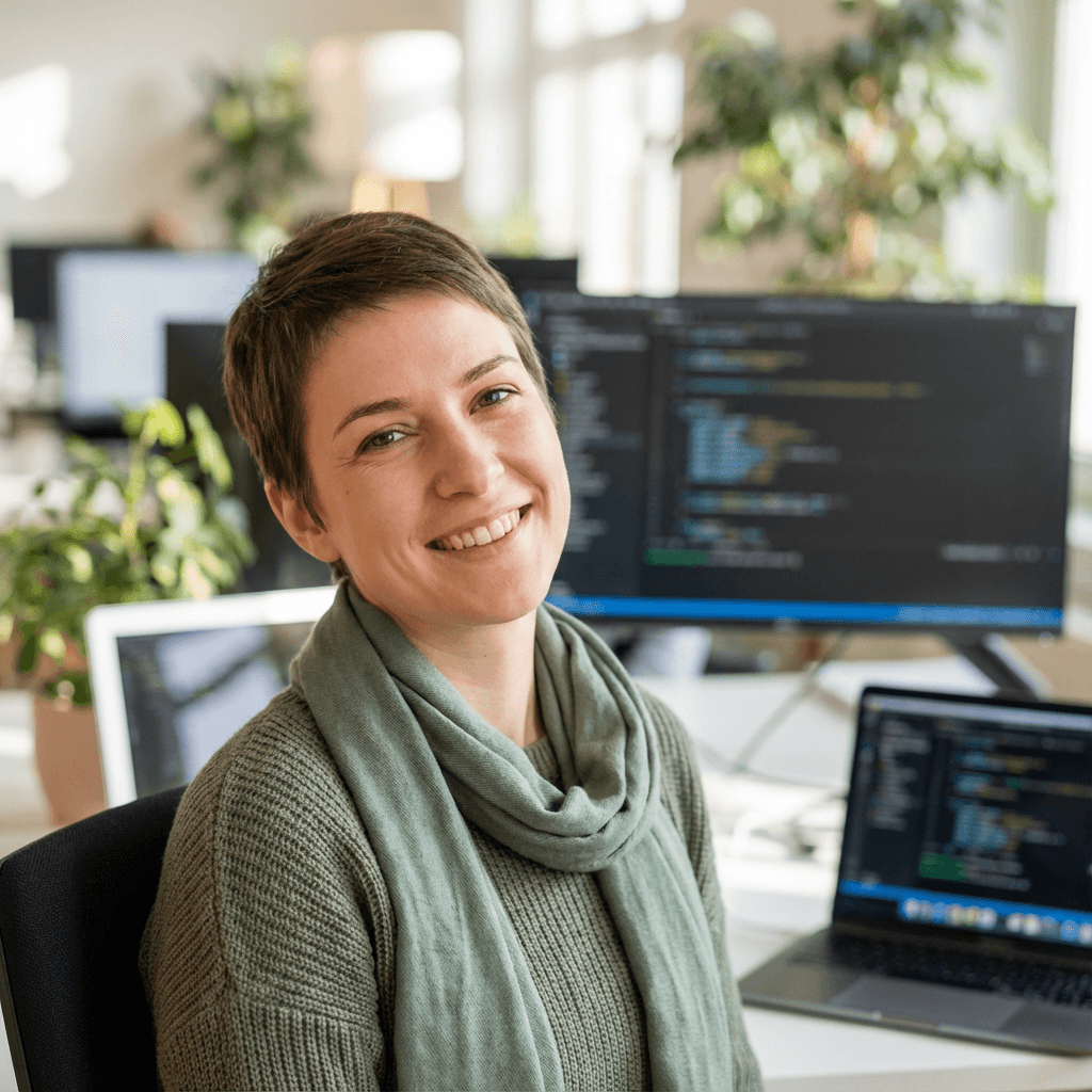 Professional woman smiling in a modern office
