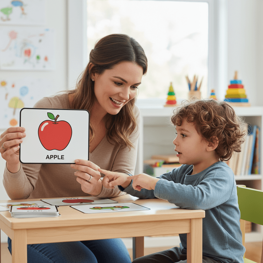 Speech therapist showing flashcards to a child during a therapy session
