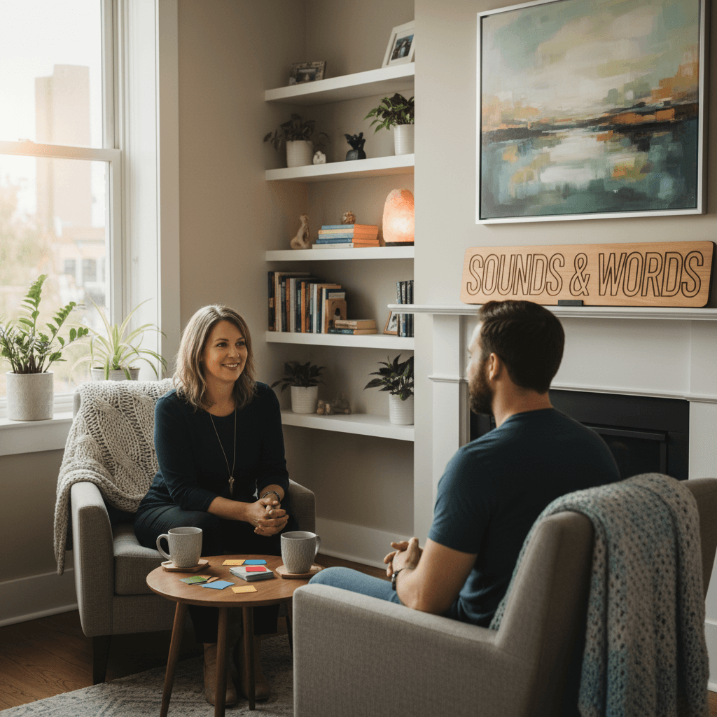 Adult client speaking with a speech therapist in a comfortable clinic office