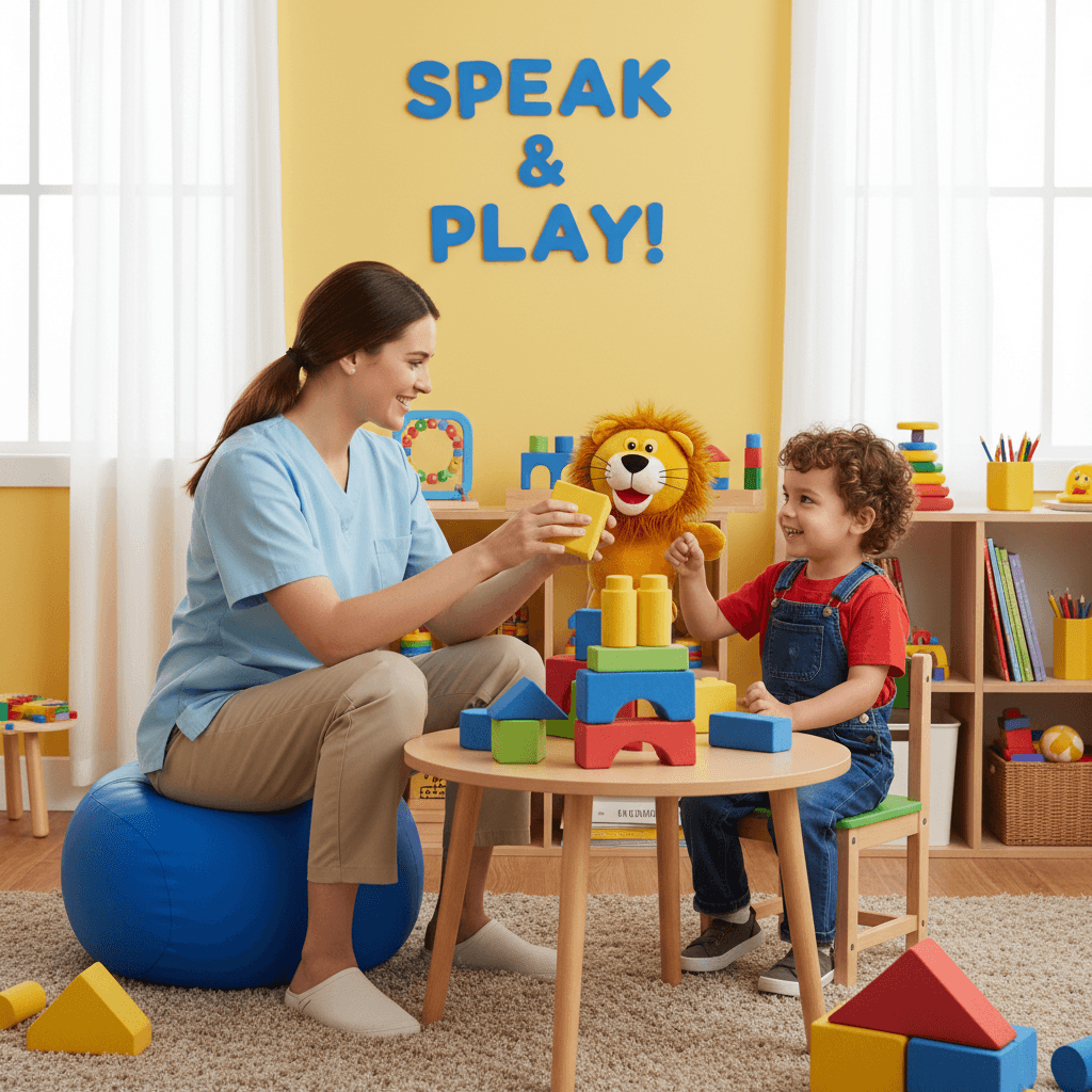 Speech therapist sitting with a young child at a table in a bright therapy room