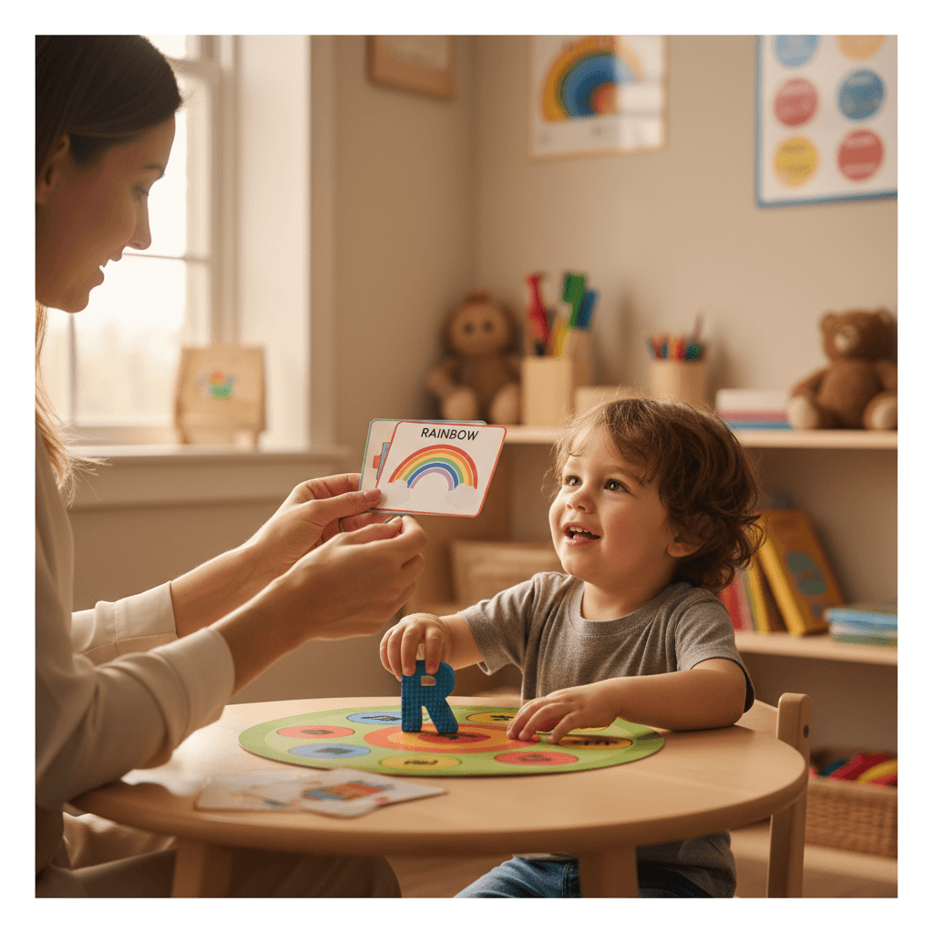 Speech therapist using picture cards with a smiling child during a session