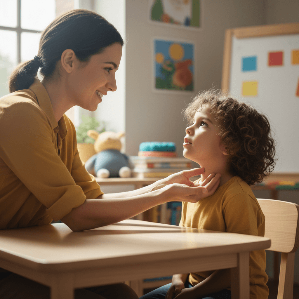 Speech therapist working with a child in a bright clinic room