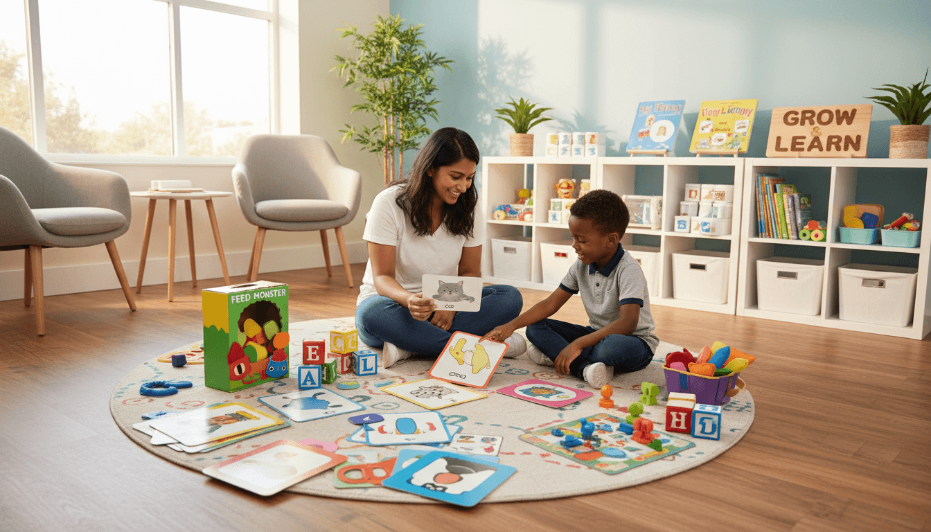 Speech therapist working with a young child in a bright therapy room