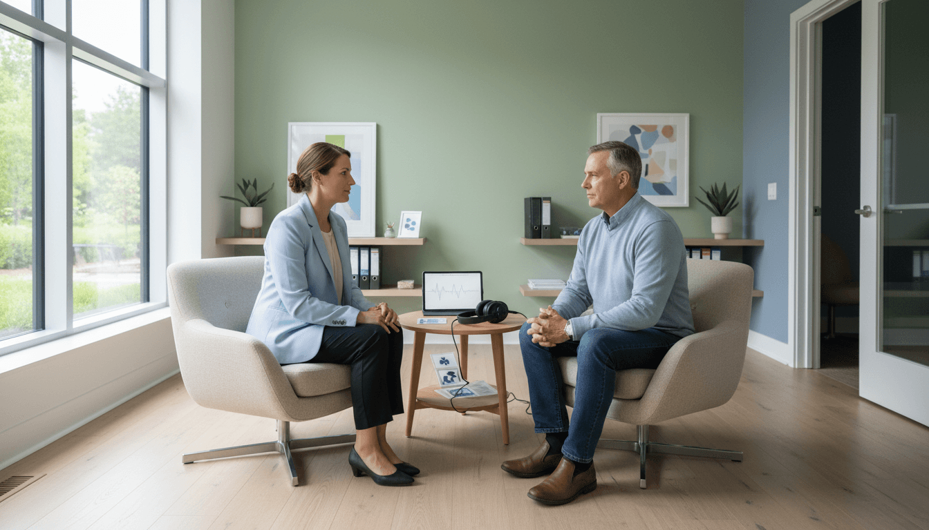 Speech therapist talking with an adult client in a modern office