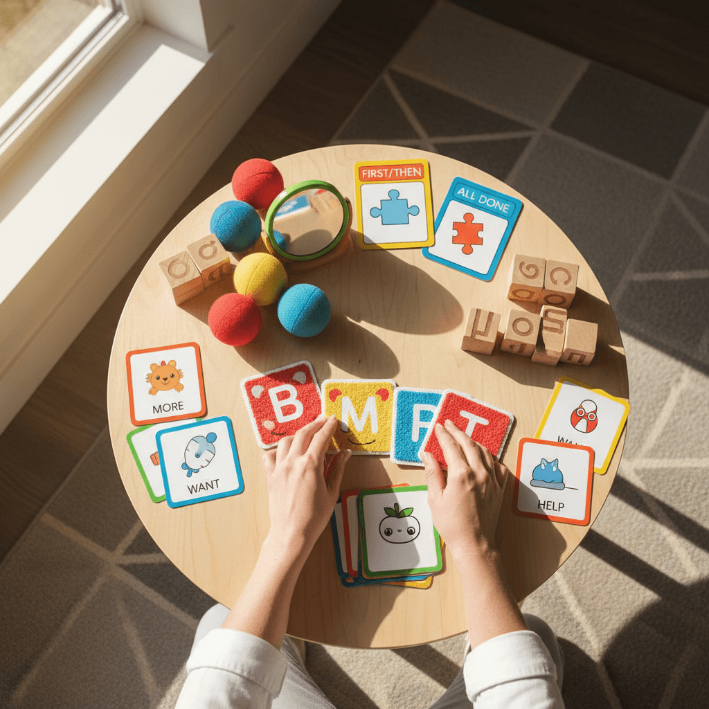 Speech therapist working with a young child at a table with colorful learning materials